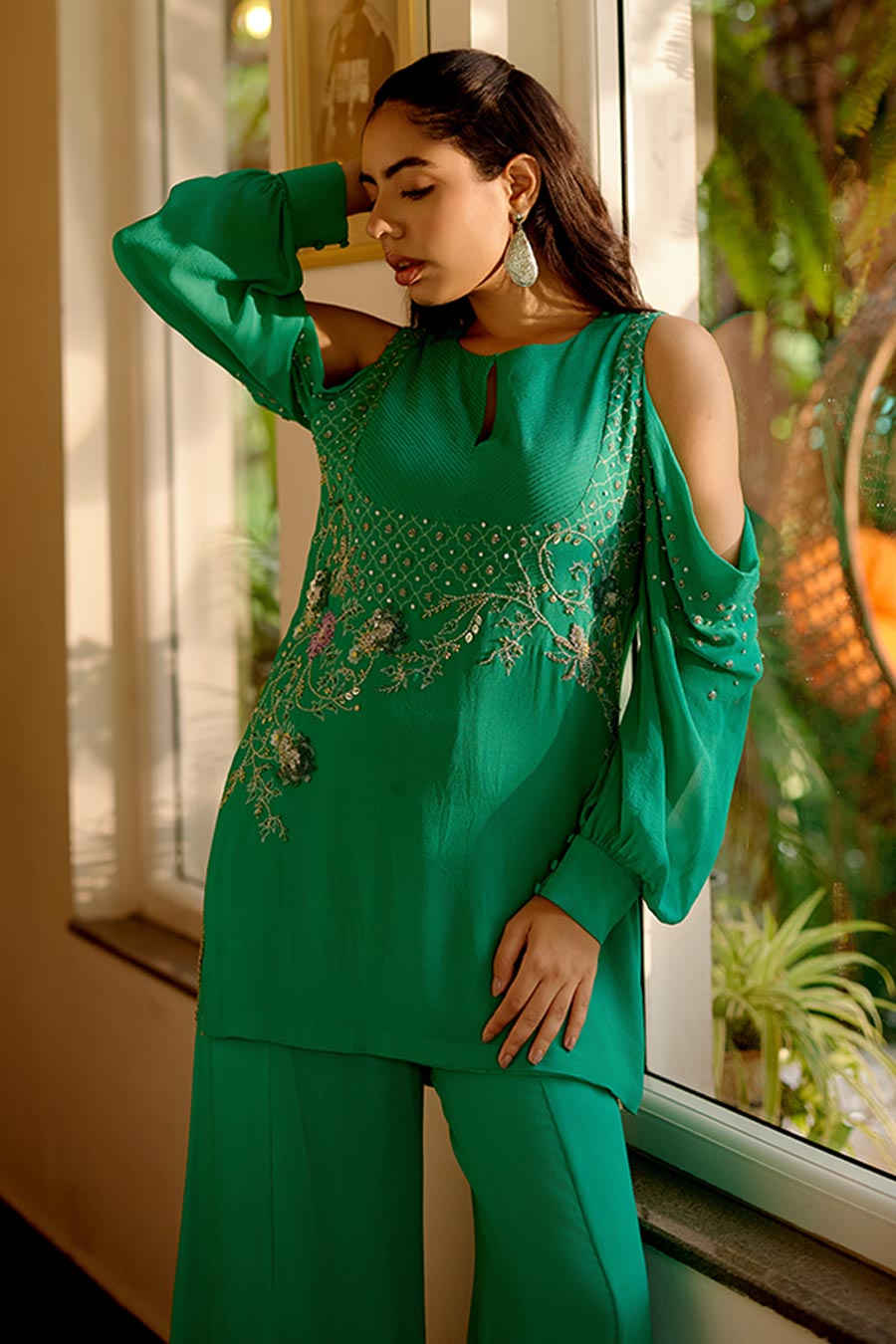 Emerald Green Aster Embroidered Tunic & Pant Set