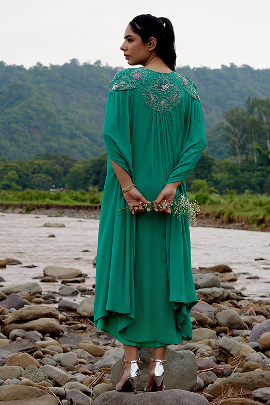 Emerald Green Aster Embroidered Kaftan Dress