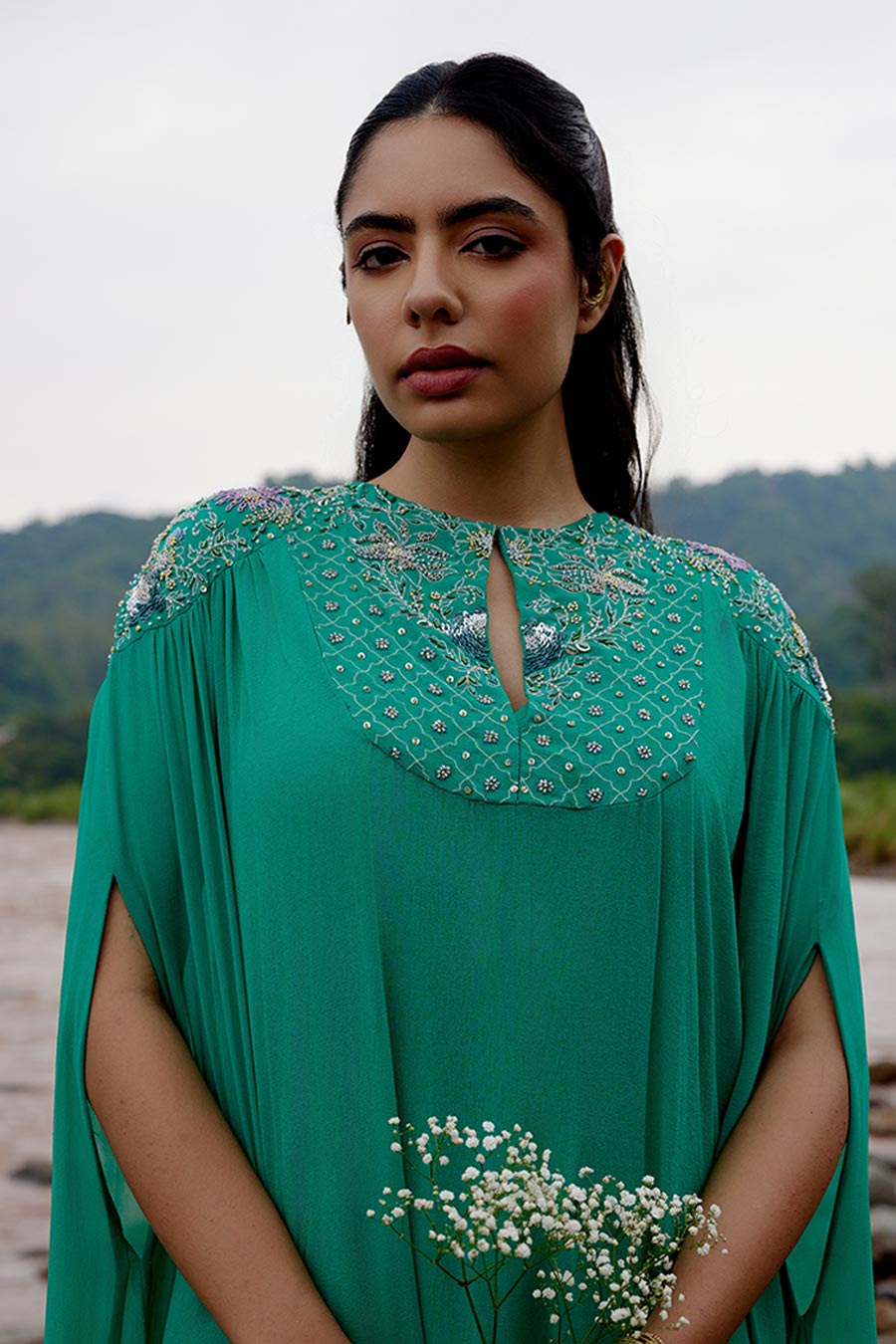 Emerald Green Aster Embroidered Kaftan Dress