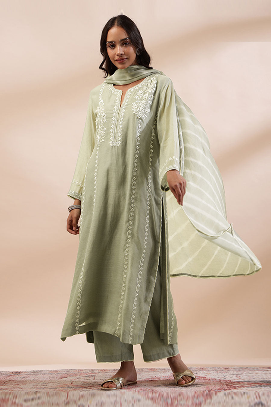 Sage Green Inara Embroidered Long Kurta Set