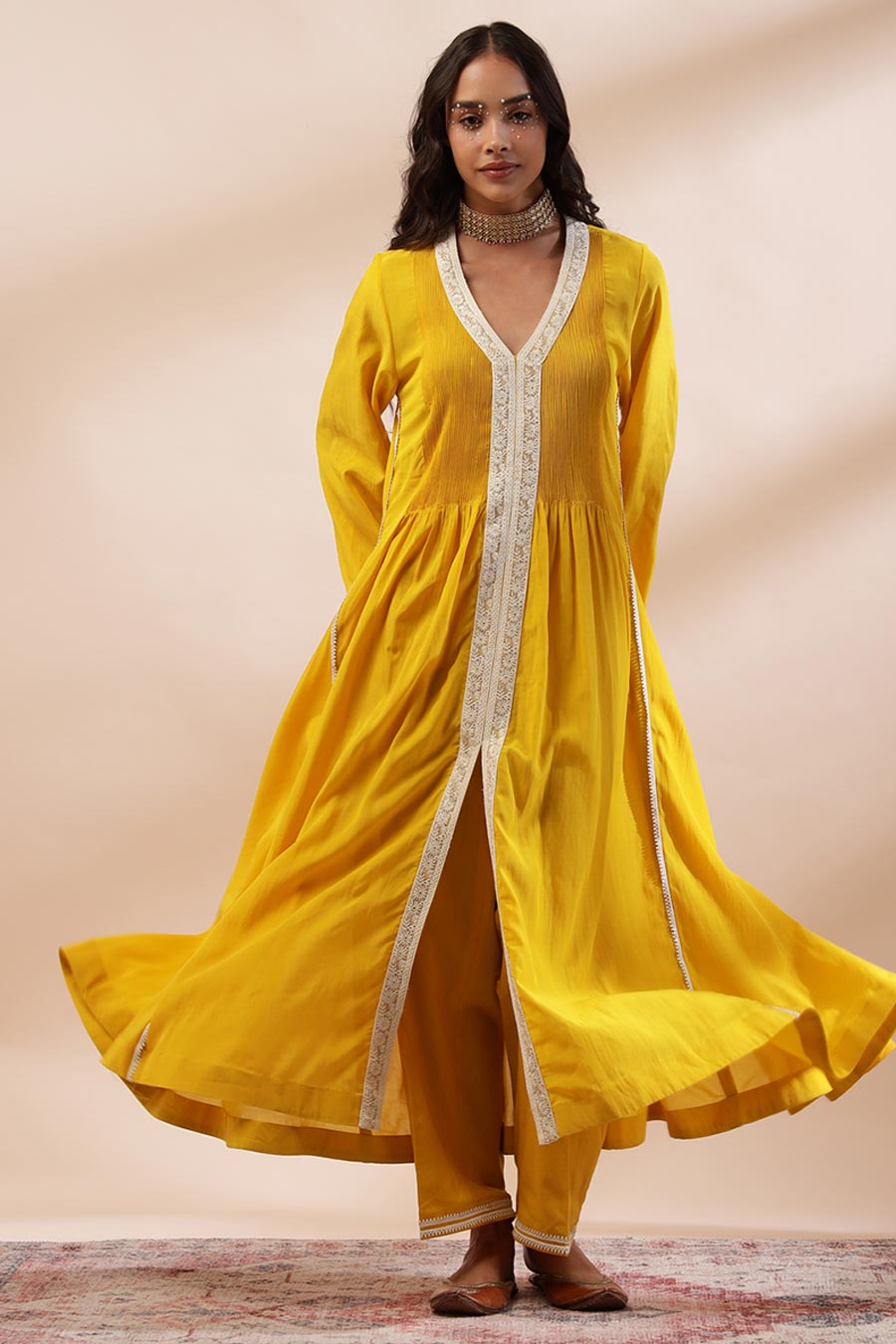 Mustard Afiya Embroidered Anarkali & Pant Set