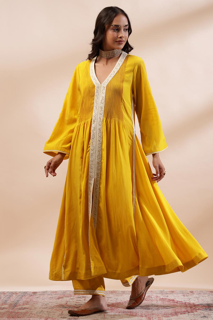 Mustard Afiya Embroidered Anarkali & Pant Set