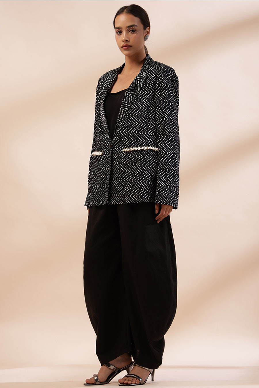 Black Velora Printed Blazer & Pant Co-Ord Set