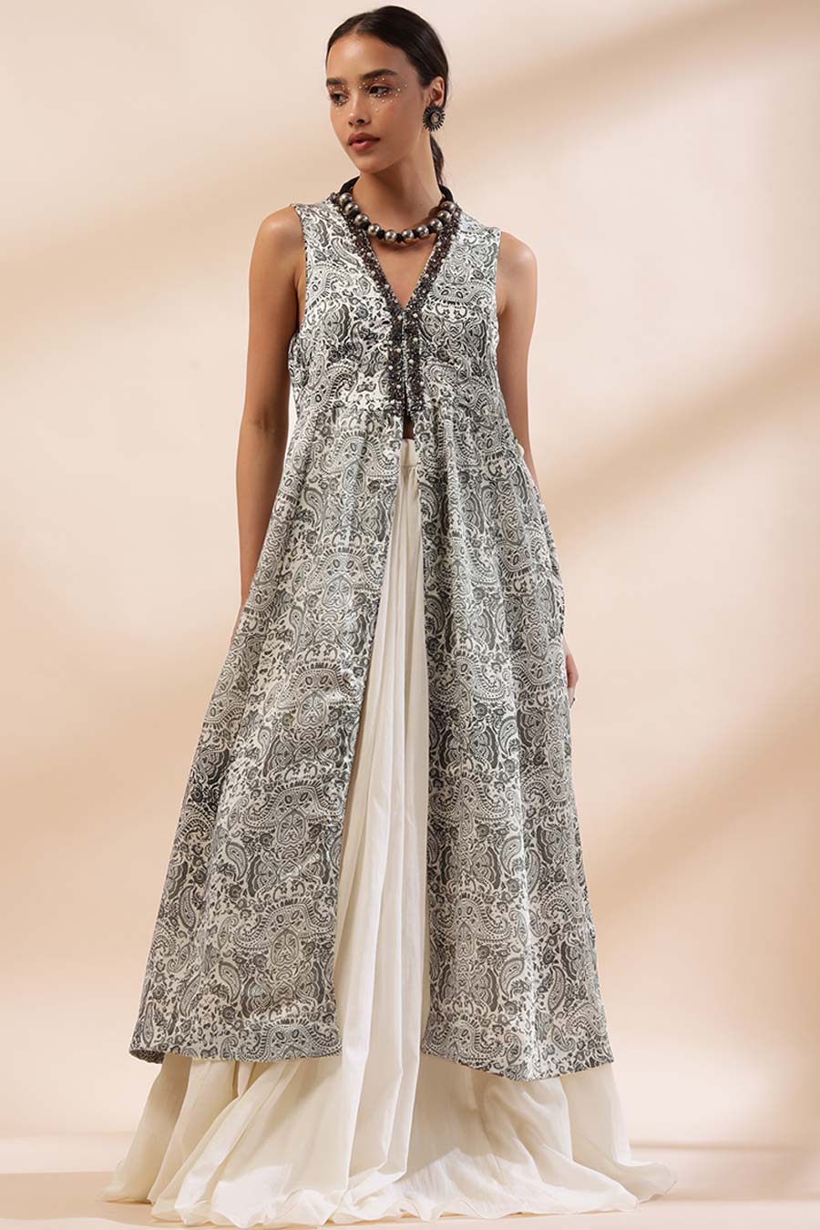 Ivory & Black Abeer Printed Slit-Kurta & Skirt Set