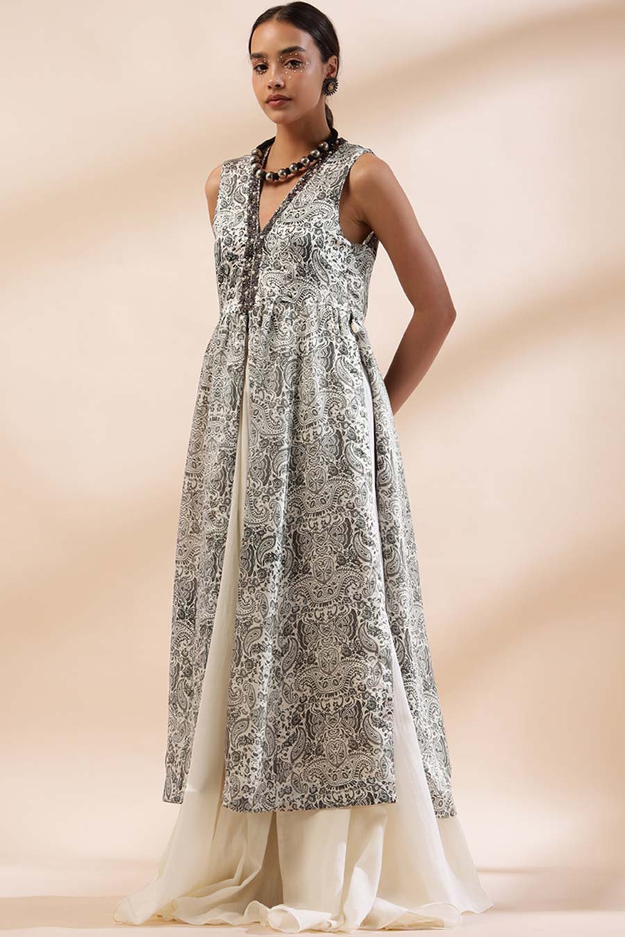 Ivory & Black Abeer Printed Slit-Kurta & Skirt Set