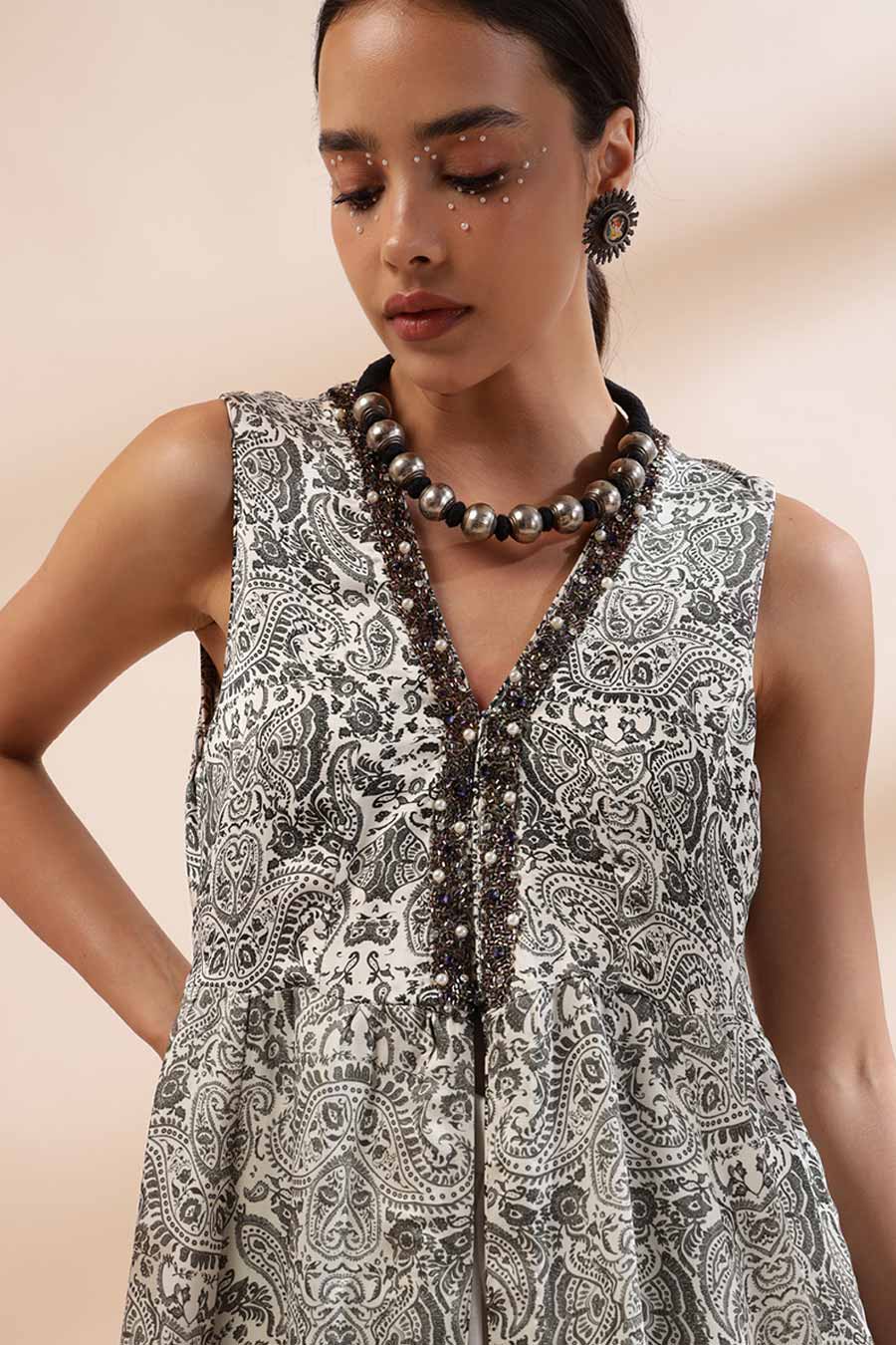 Ivory & Black Abeer Printed Slit-Kurta & Skirt Set