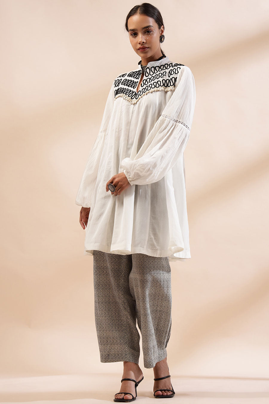 Ivory Hiba Embroidered Tunic & Printed Pant Set