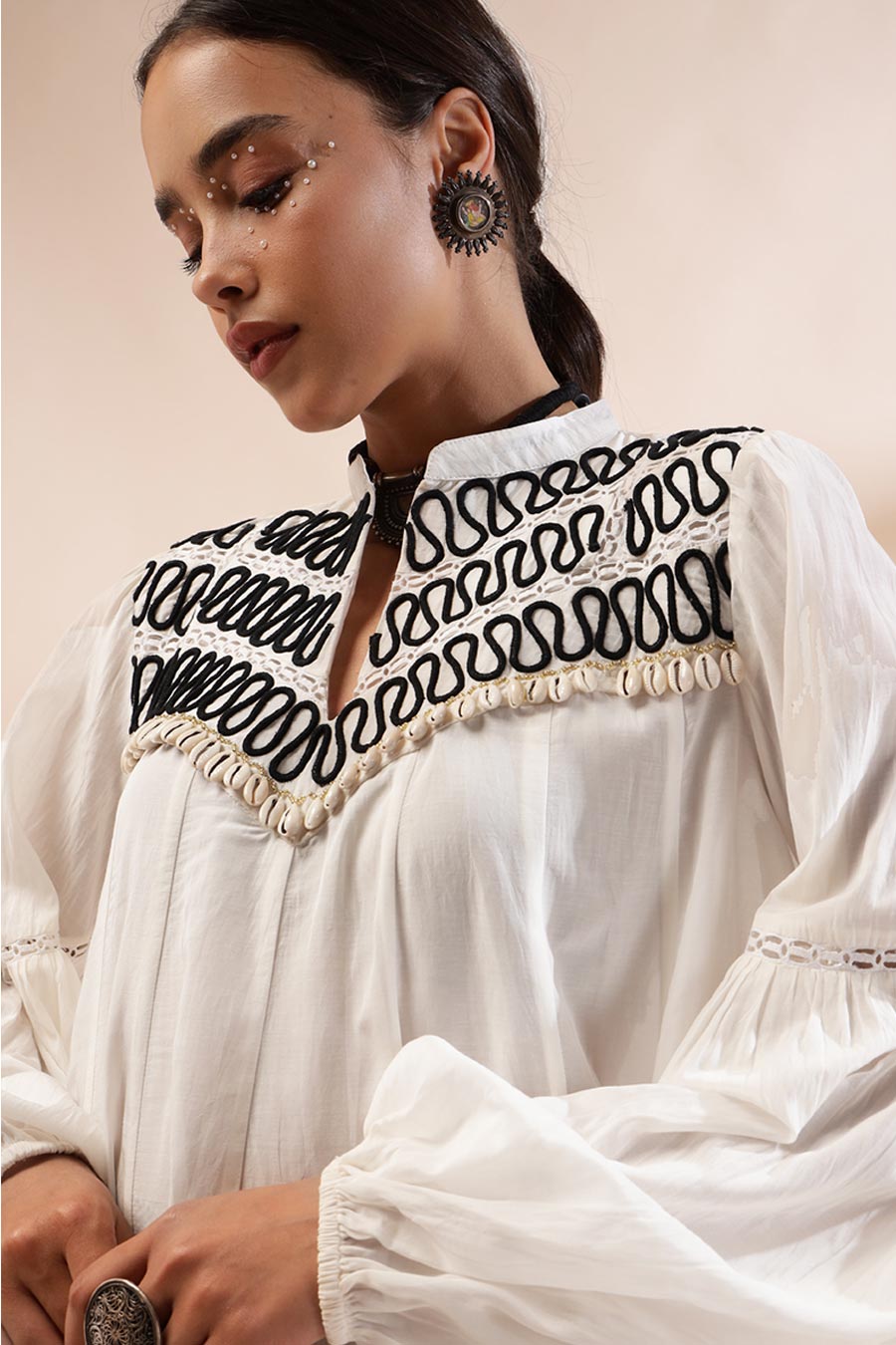 Ivory Hiba Embroidered Tunic & Printed Pant Set