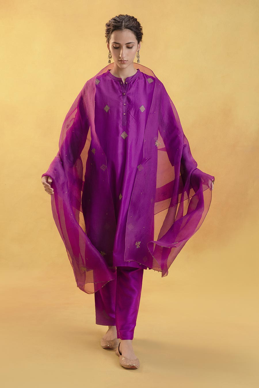 Purple Silk Embroidered Kurta Set