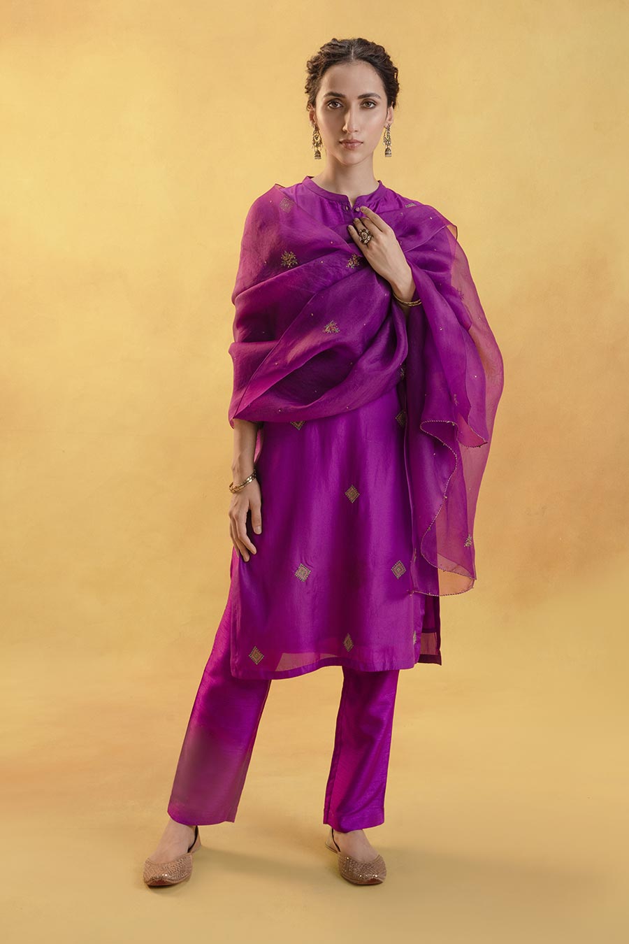 Purple Silk Embroidered Kurta Set