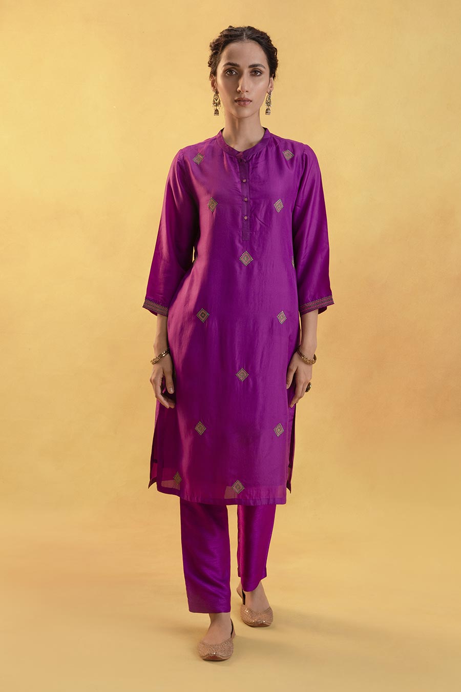 Purple Silk Embroidered Kurta Set