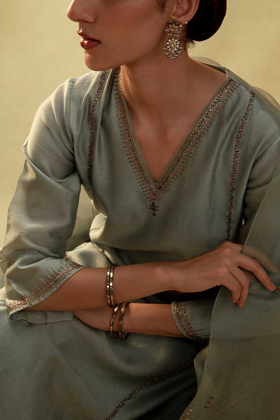 Green Chanderi Embroidered Kurta Set