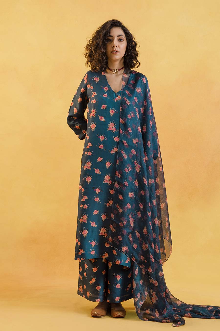 Blue Floral Print Silk Kurta Set