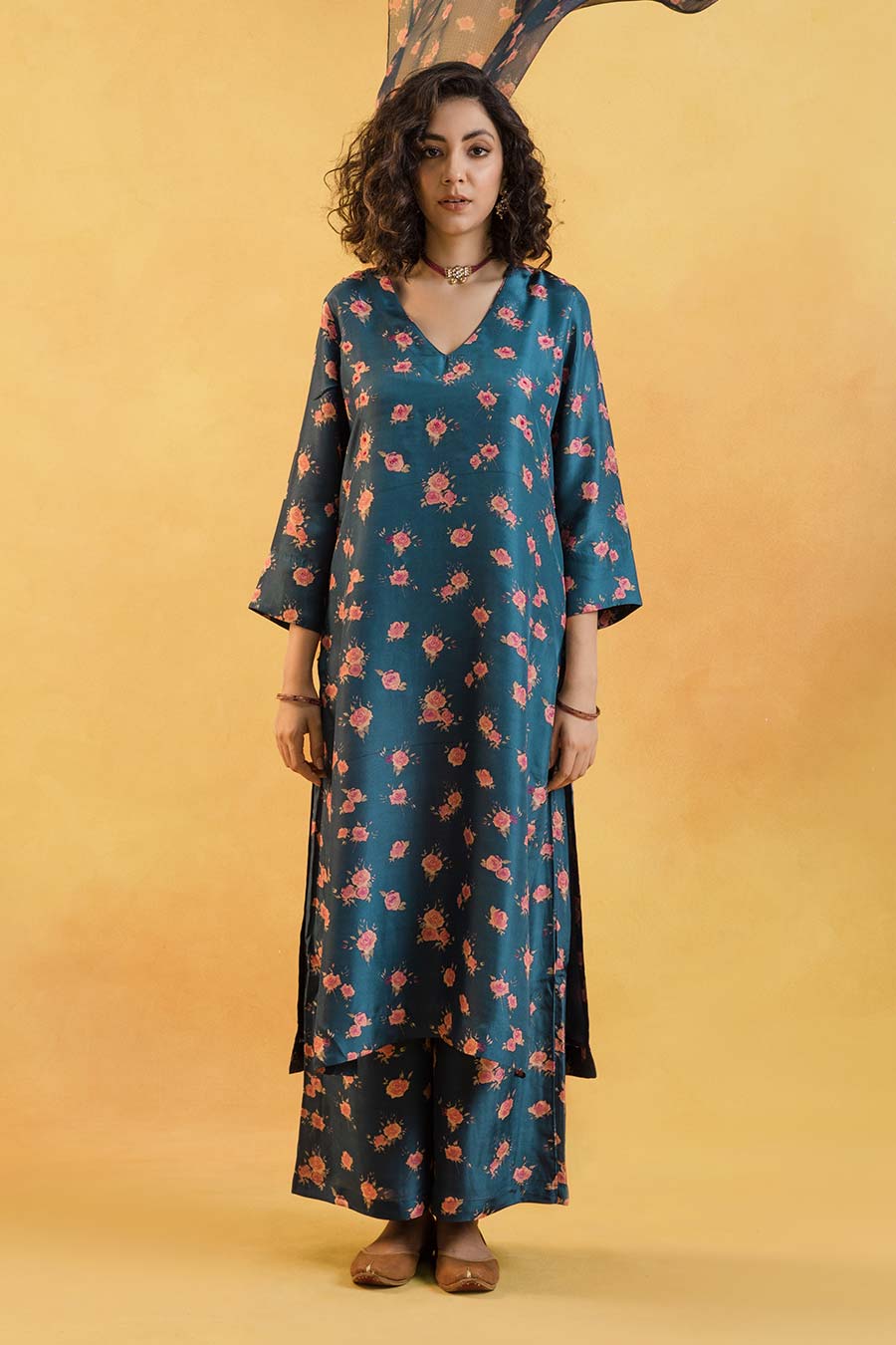 Blue Floral Print Silk Kurta Set