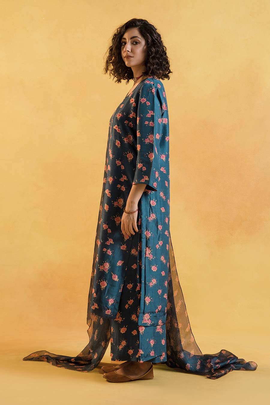 Blue Floral Print Silk Kurta Set