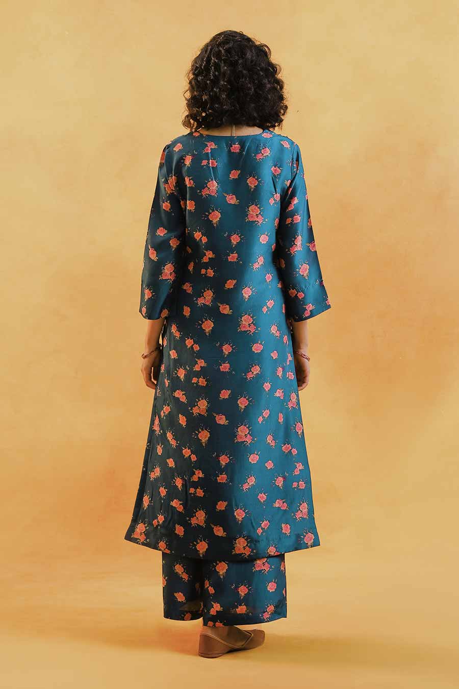 Blue Floral Print Silk Kurta Set