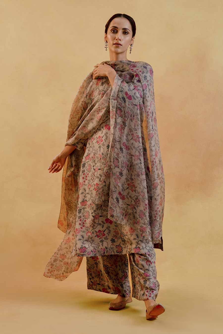 Grey Floral Print Silk Kurta Set