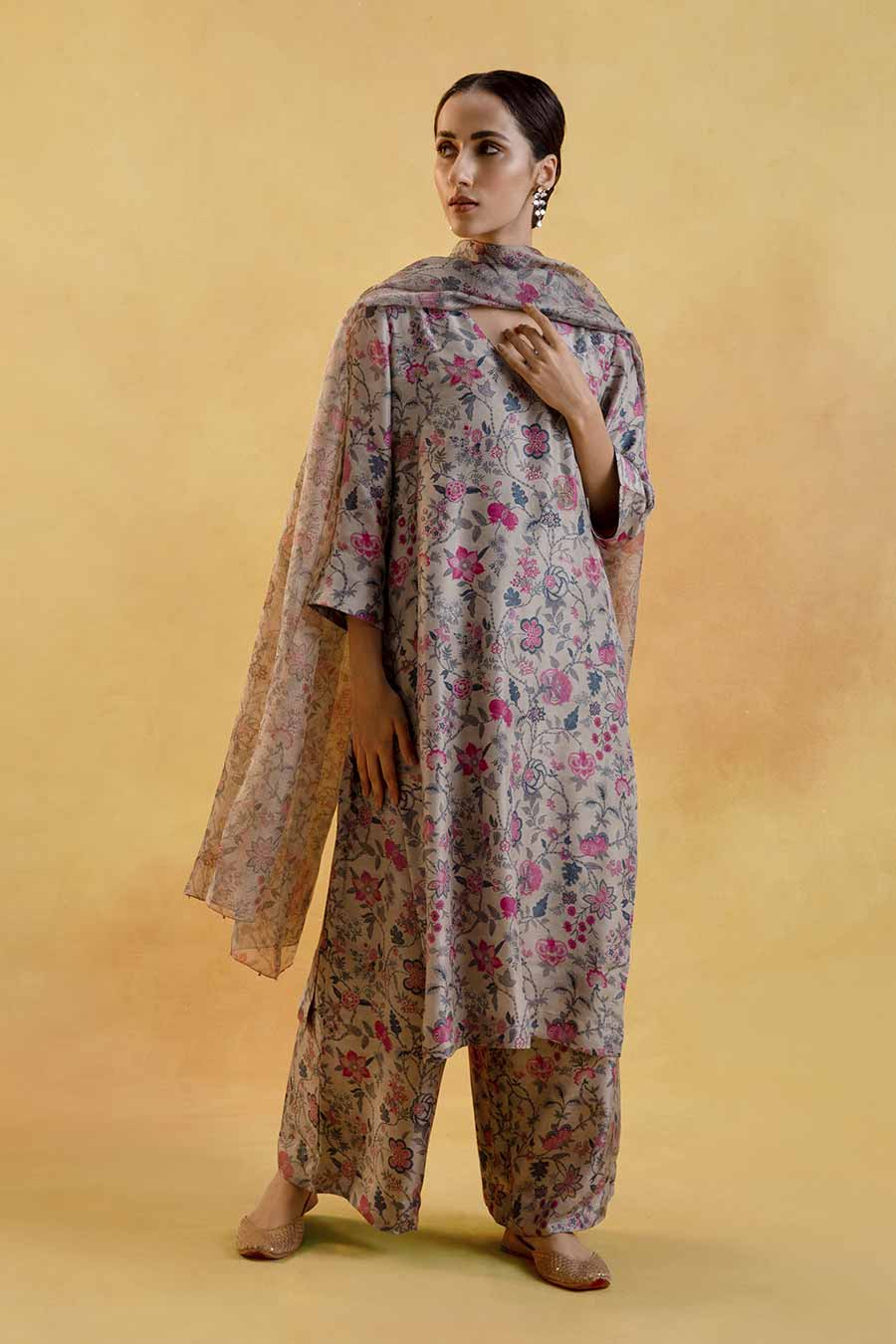 Grey Floral Print Silk Kurta Set