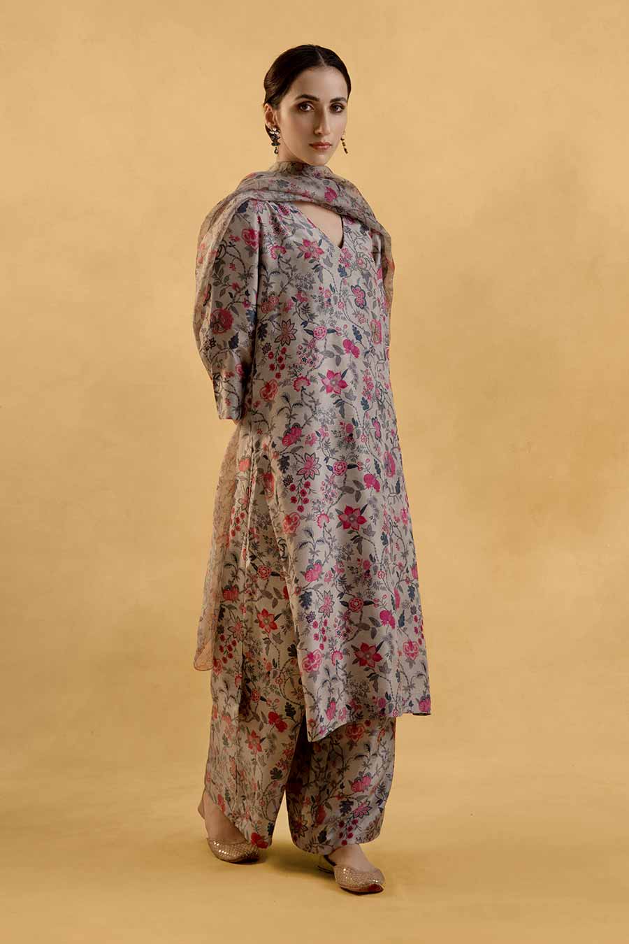 Grey Floral Print Silk Kurta Set