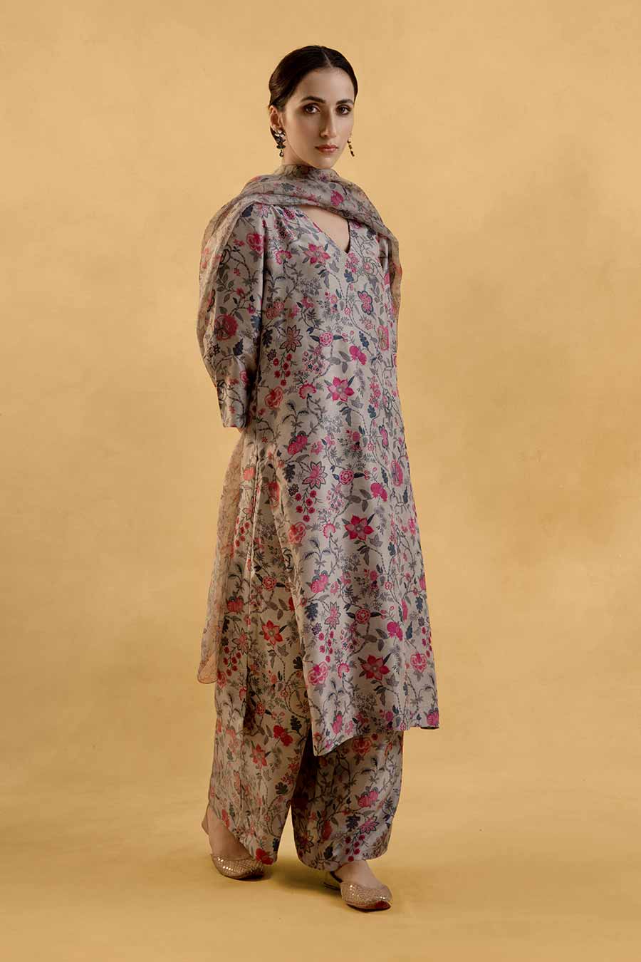 Grey Floral Print Silk Kurta Set