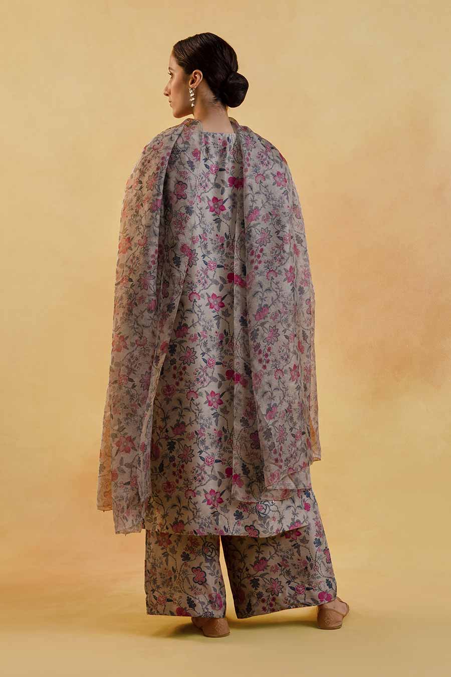 Grey Floral Print Silk Kurta Set