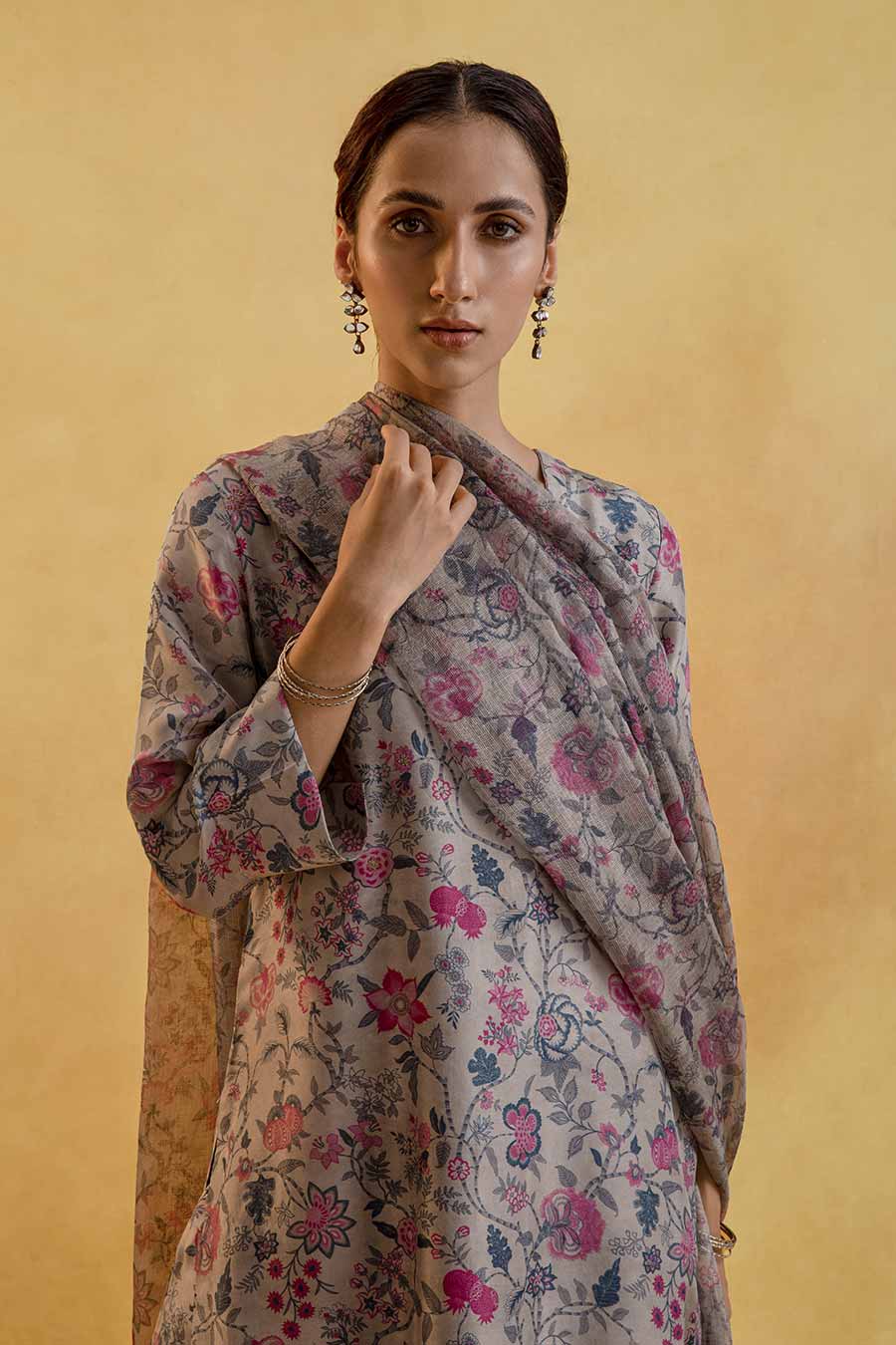 Grey Floral Print Silk Kurta Set