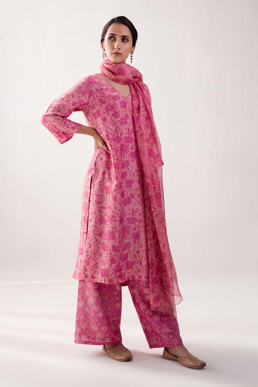 Pink Floral Print Silk Kurta Set