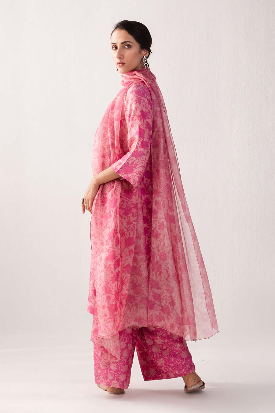 Pink Floral Print Silk Kurta Set