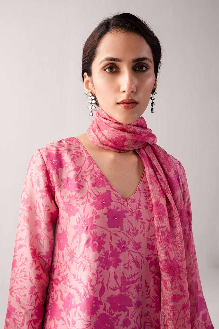 Pink Floral Print Silk Kurta Set