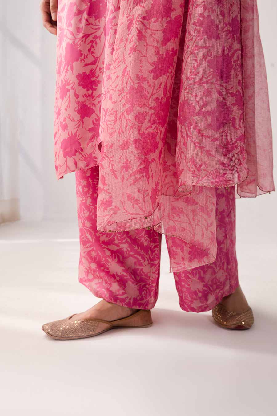 Pink Floral Print Silk Kurta Set