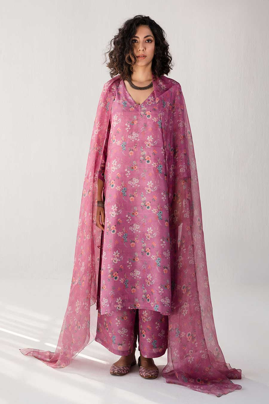 Pink Floral Print Silk Kurta Set