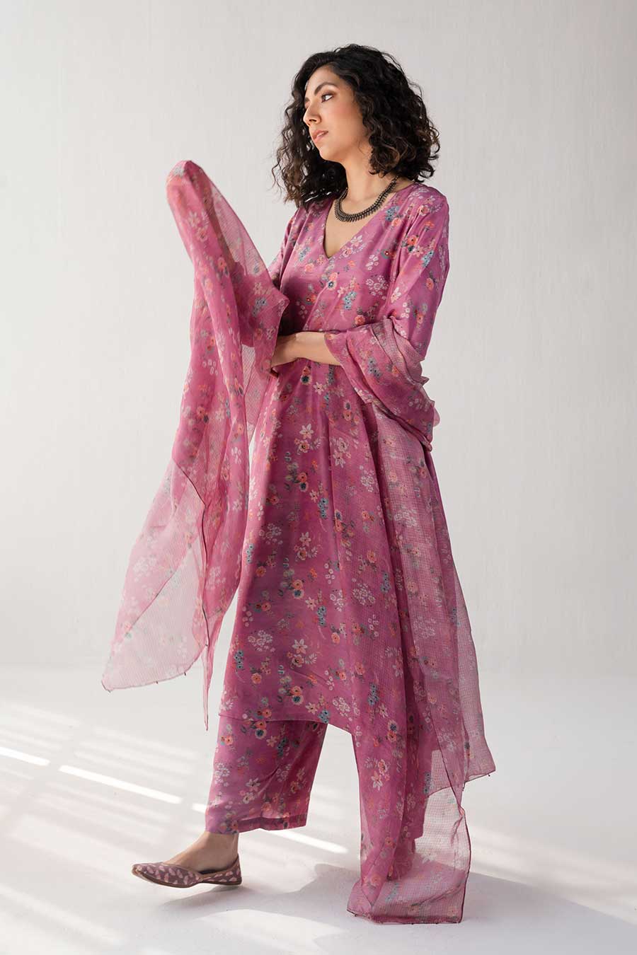 Pink Floral Print Silk Kurta Set