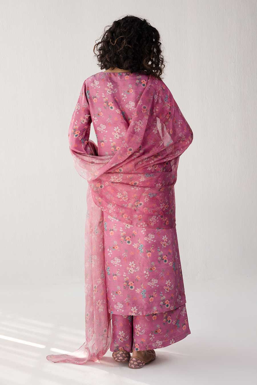 Pink Floral Print Silk Kurta Set