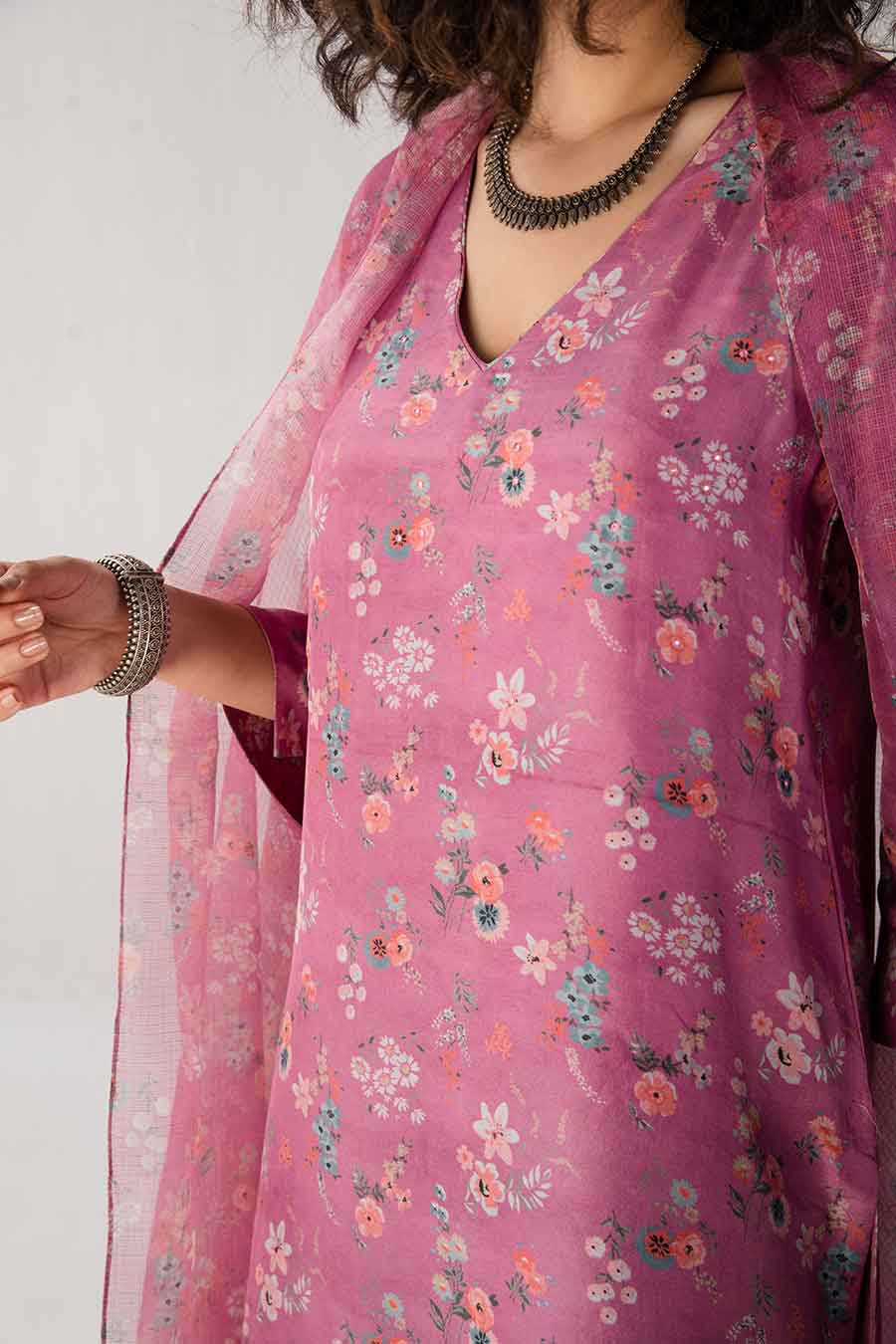 Pink Floral Print Silk Kurta Set