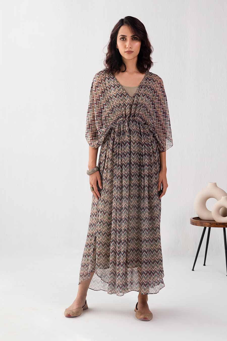 Grey Zig-Zag Print Kaftan Dress