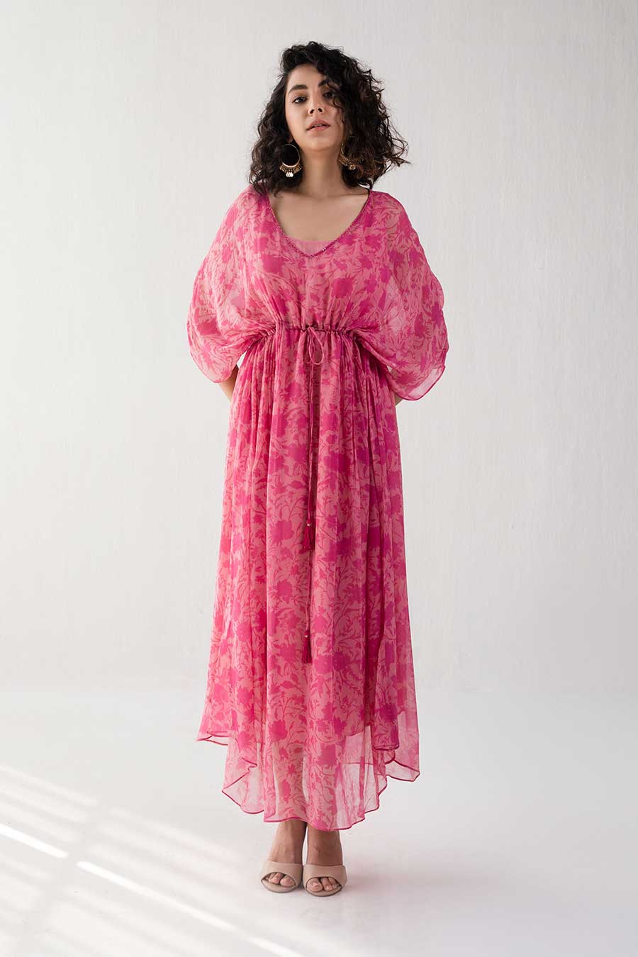 Pink Floral Print Kaftan Dress