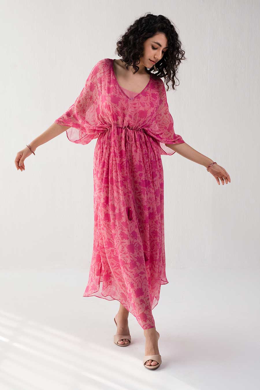 Pink Floral Print Kaftan Dress