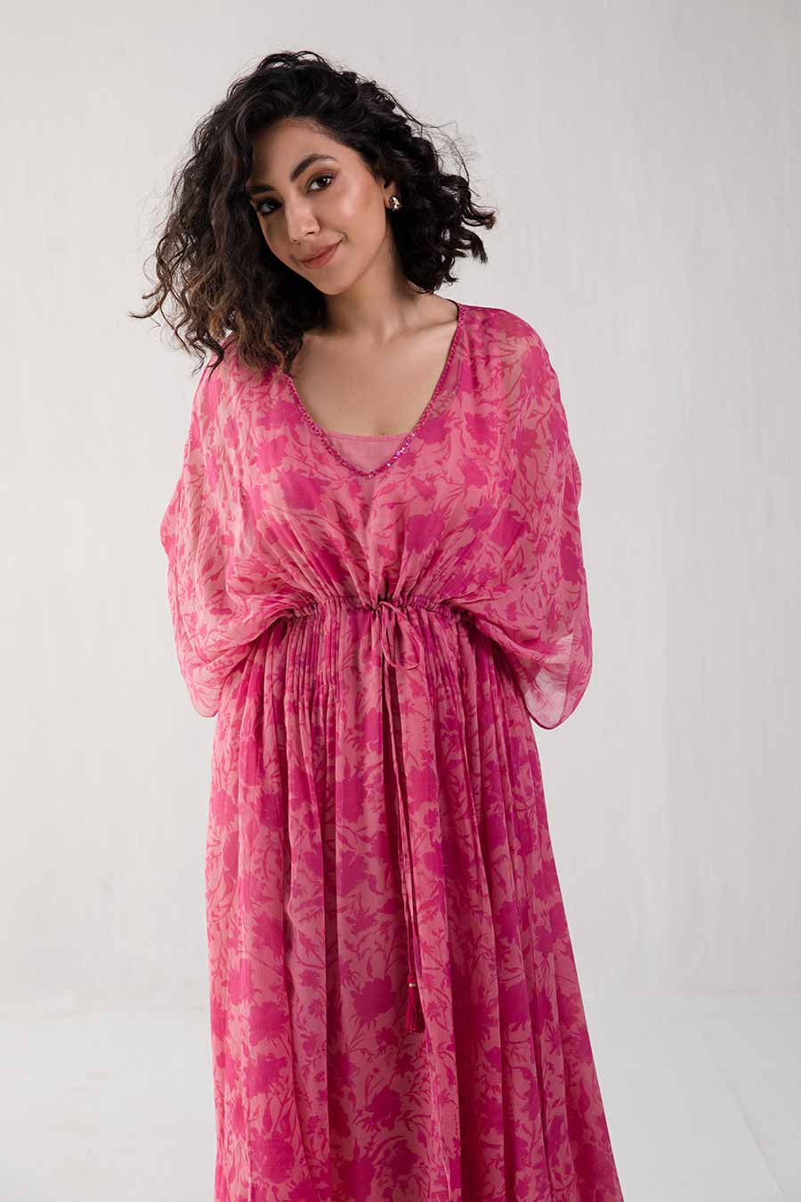 Pink Floral Print Kaftan Dress