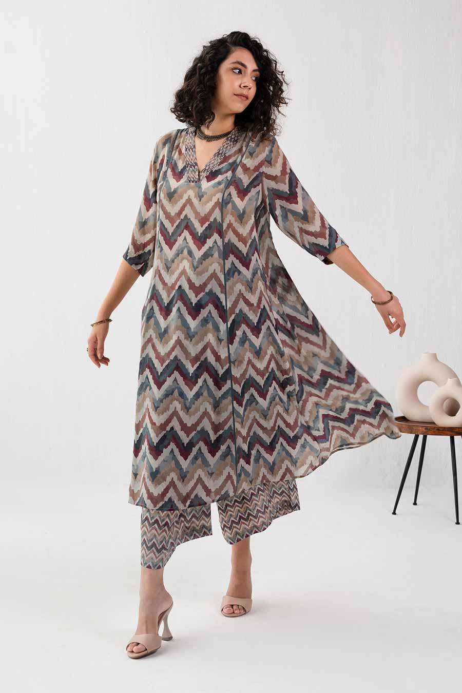 Multicolour Zig-Zag Print Kurta Set