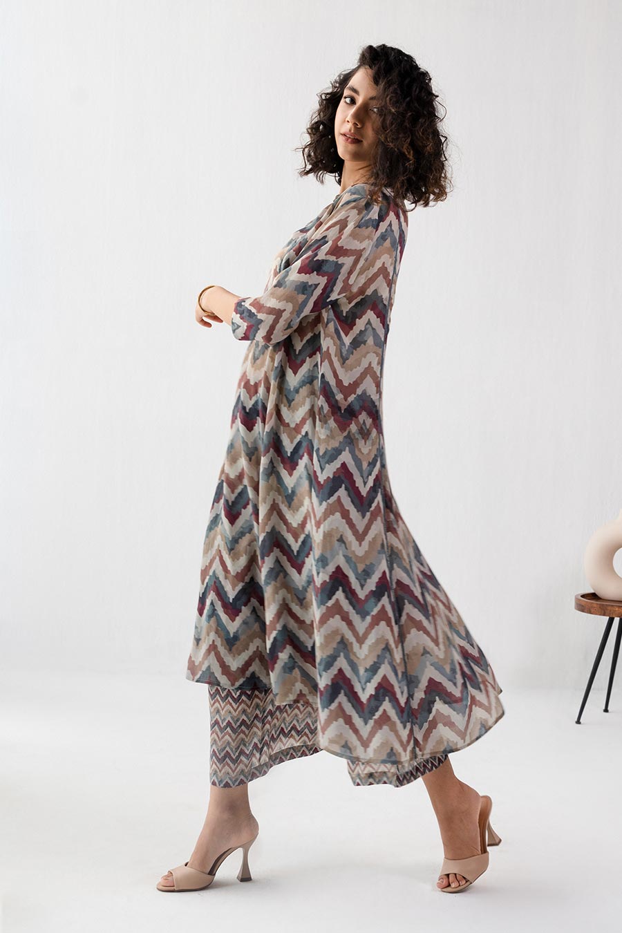 Multicolour Zig-Zag Print Kurta Set
