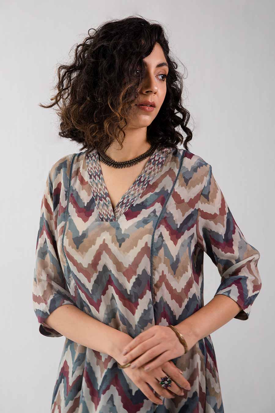 Multicolour Zig-Zag Print Kurta Set