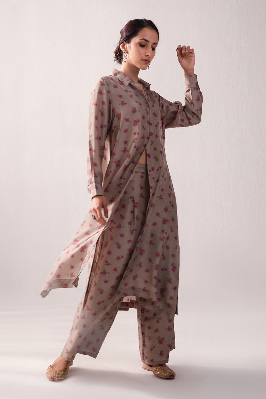Brown Floral Print Long Shirt & Pant Set