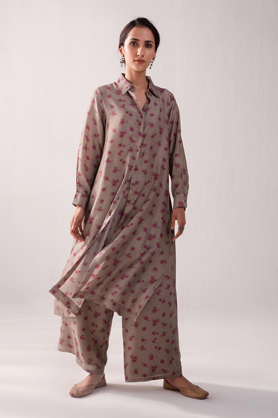 Brown Floral Print Long Shirt & Pant Set