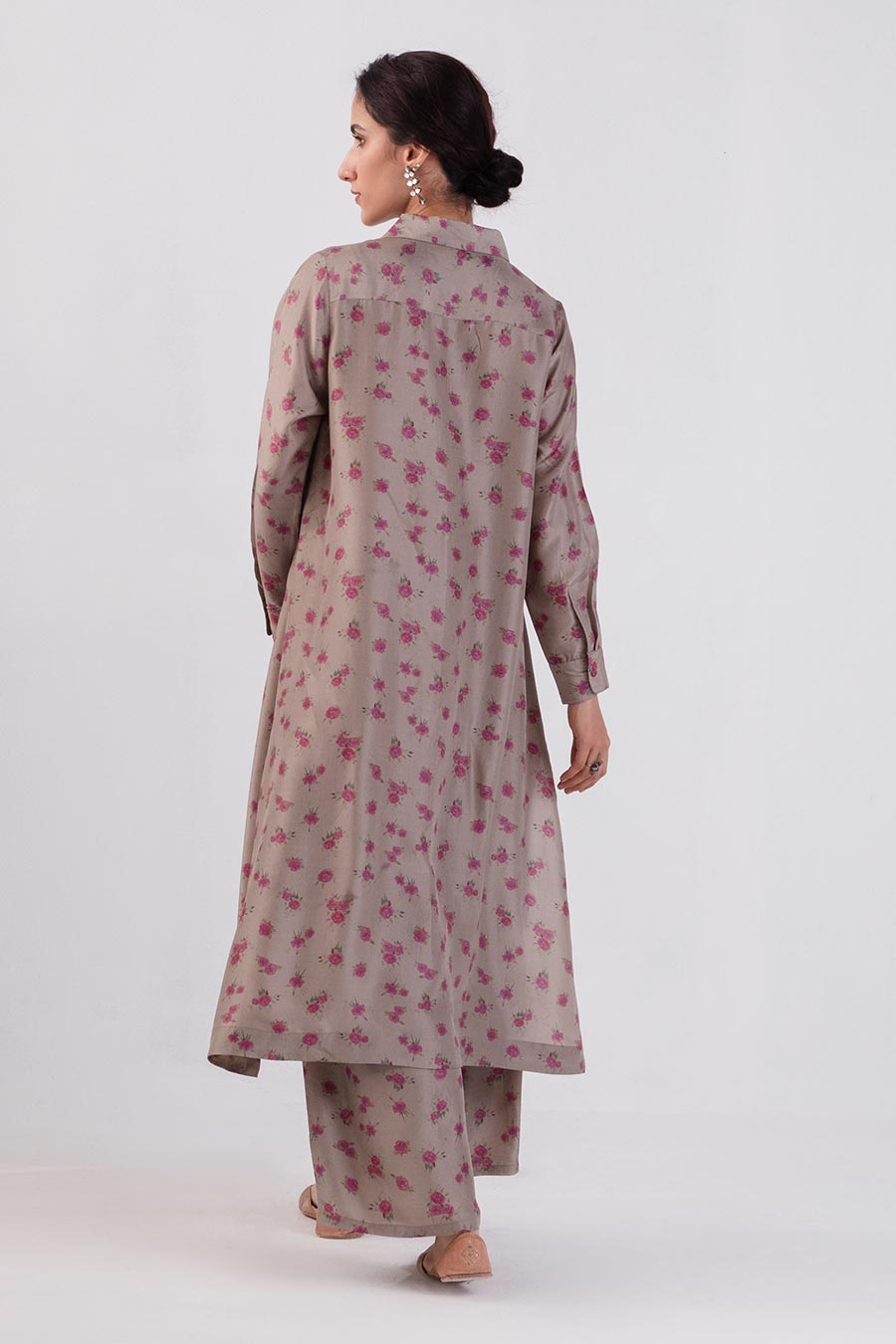 Brown Floral Print Long Shirt & Pant Set