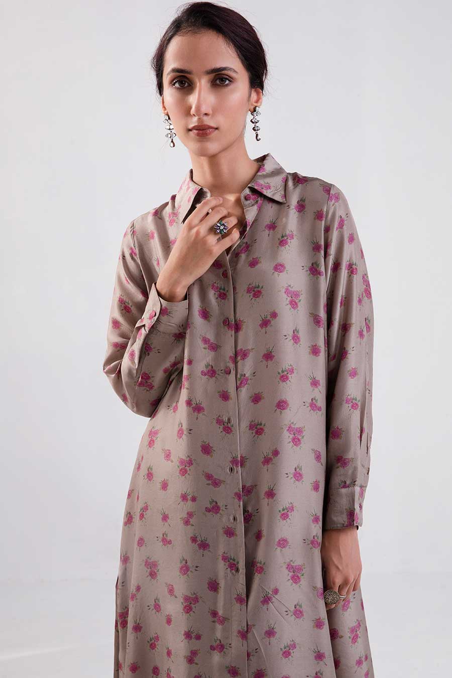 Brown Floral Print Long Shirt & Pant Set