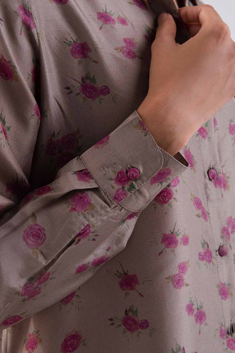 Brown Floral Print Long Shirt & Pant Set