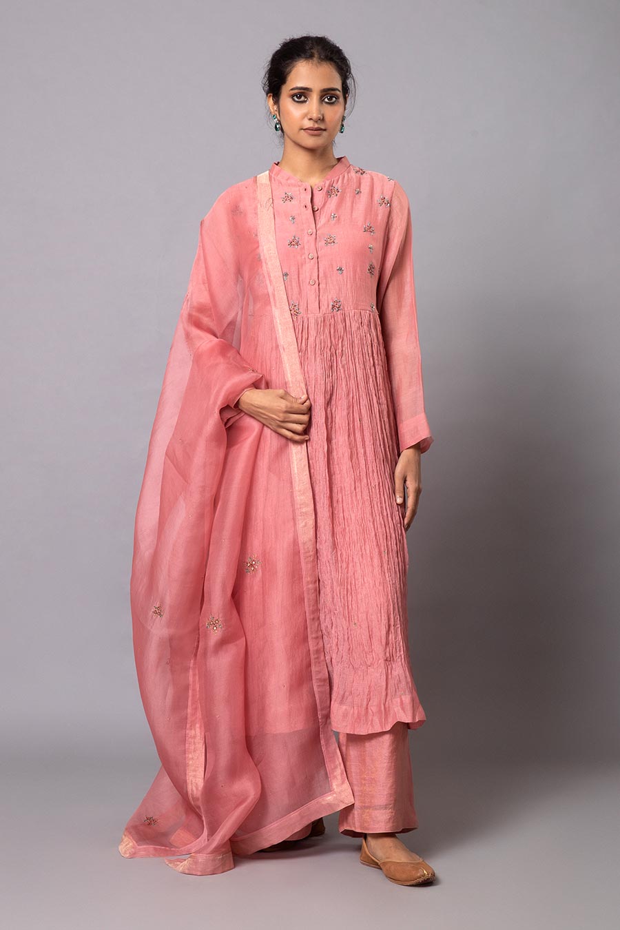 Pink Embroidered Chanderi Kurta Set