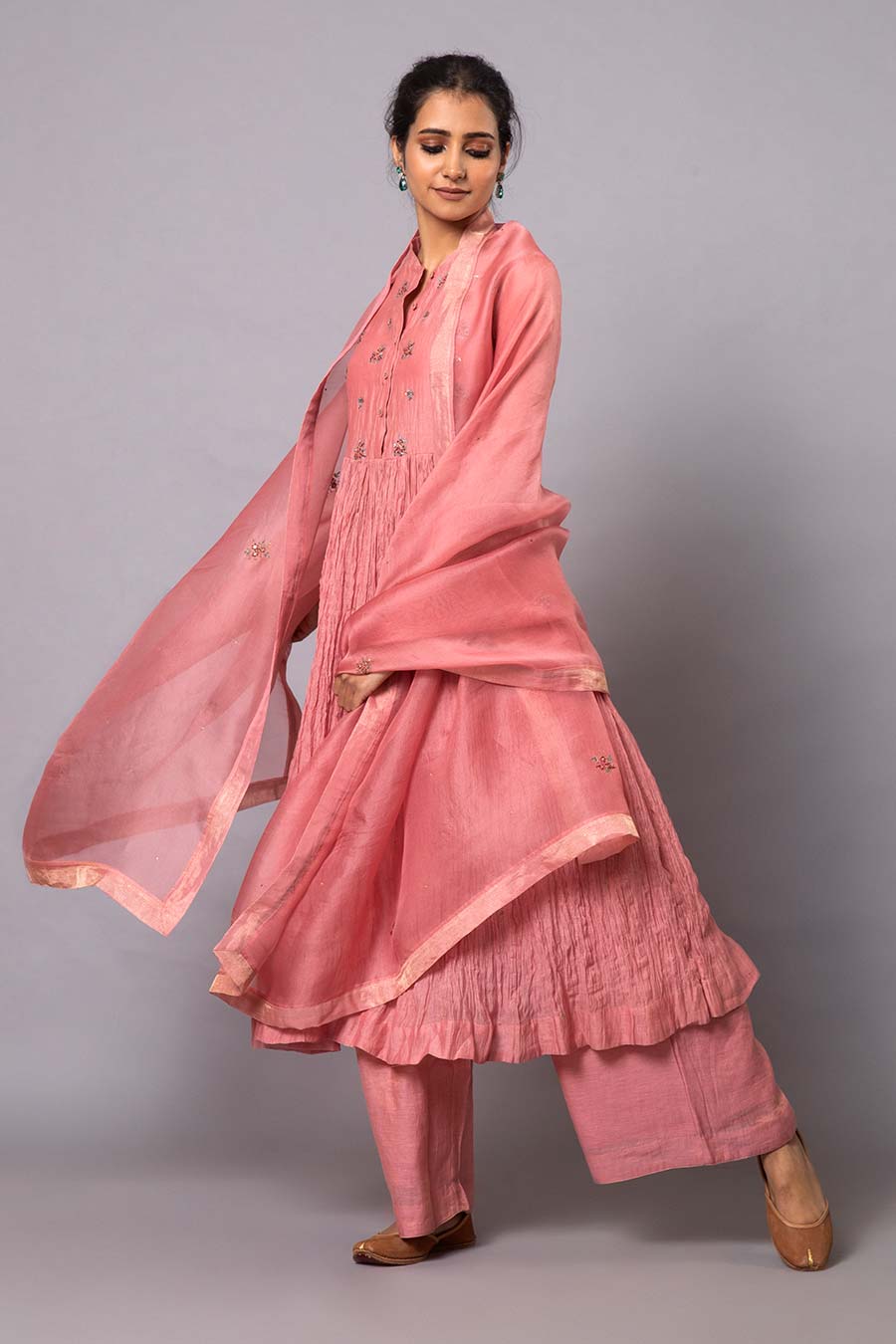 Pink Embroidered Chanderi Kurta Set