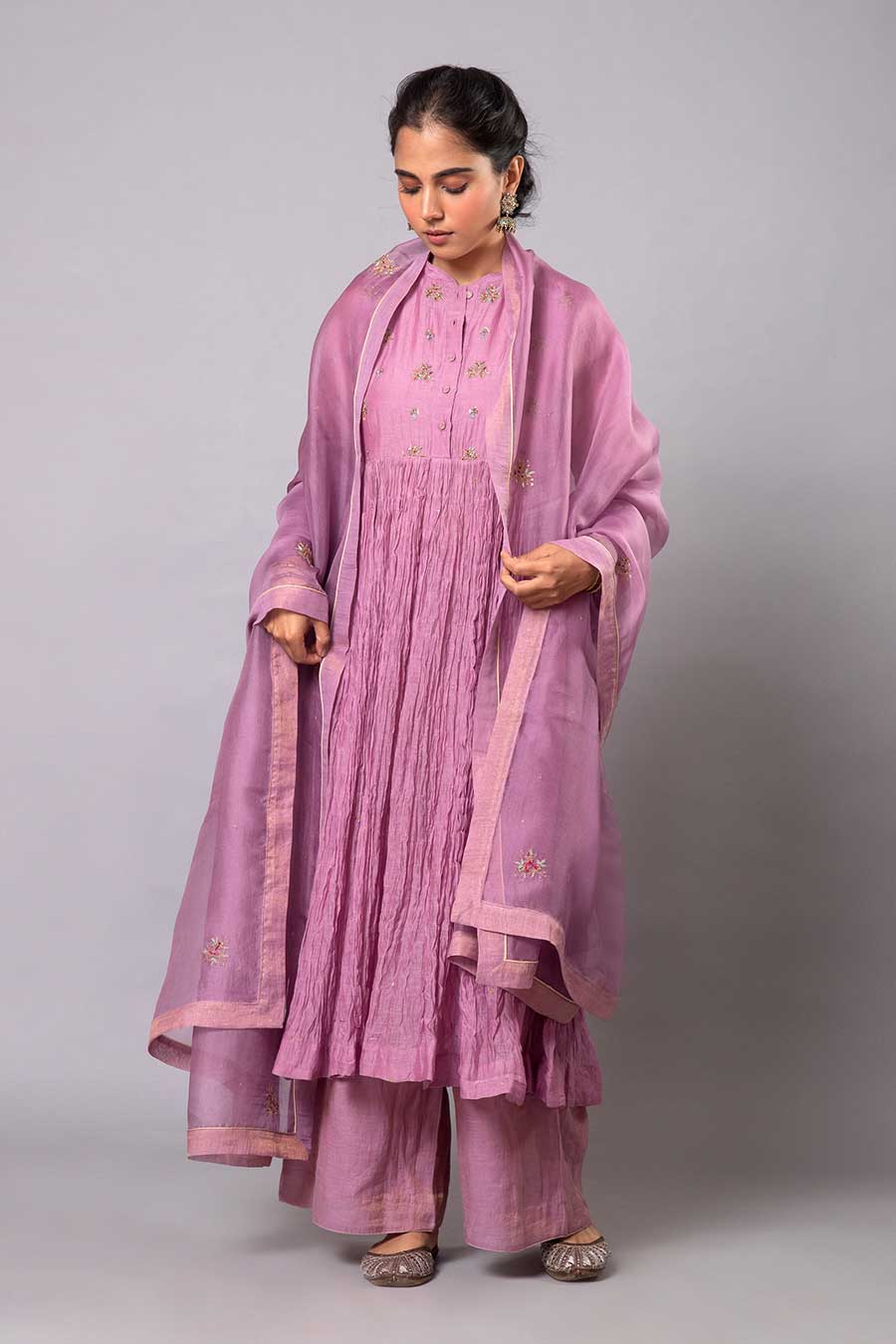 Lilac Embroidered Chanderi Kurta Set