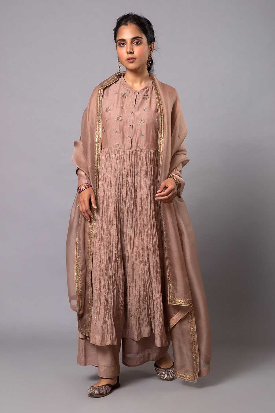 Brown Embroidered Chanderi Kurta Set